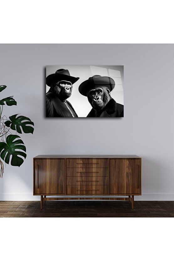 Şapkalı Goril Cam Tablo Duvar Dekoru