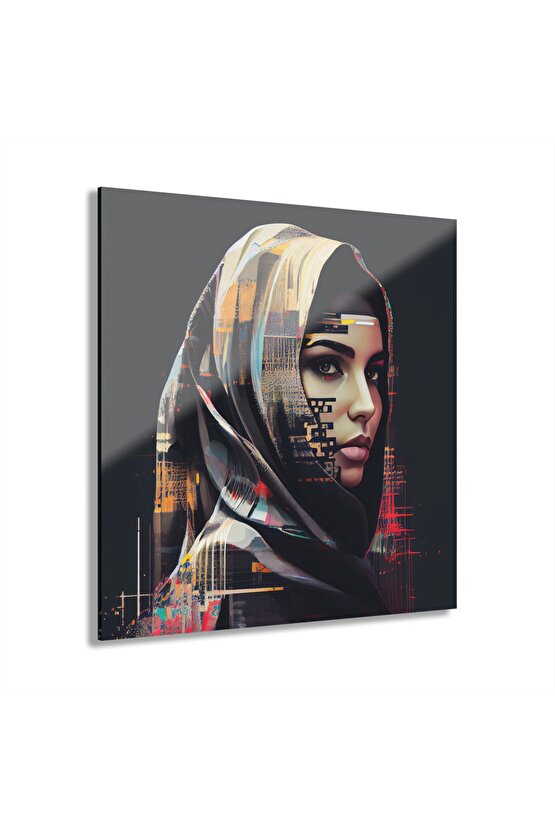 Müslüman Kız Sulu Boya Türban Başörtüsü İslam Cam Tablo Duvar Dekoru 2