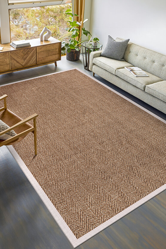 0503-Krem Kumaş Bordür Sisal Halı Kilim Hav Toz Vermez Kolay Temizlenen Hasır Kilim