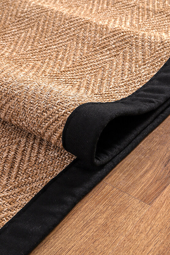 0503-Siyah Kumaş Bordür Sisal Halı Kilim Hav Toz Vermez Kolay Temizlenen Hasır Kilim