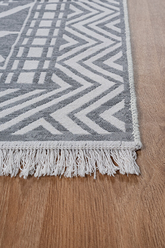 Macro Bohem Touch Serisi Çift Taraflı Dokuma Pamuklu Kilim 1701 Siyah