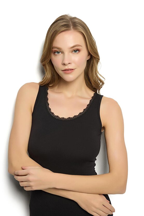 Kadın Siyah Modal Atlet Güpürlü 6 adet Jiber 616