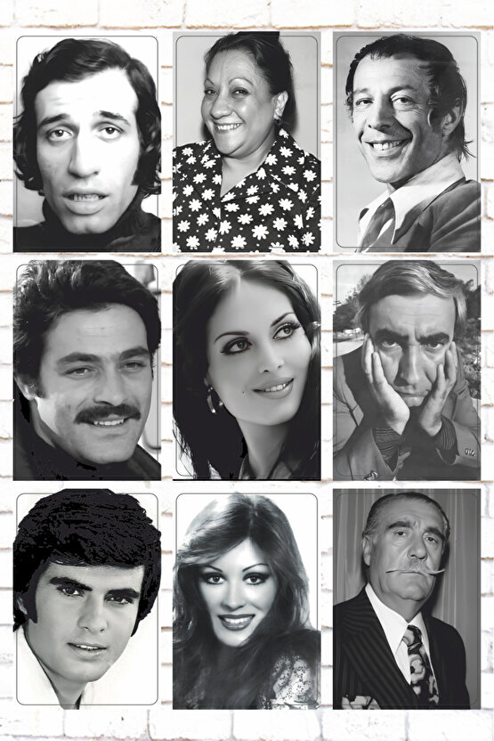 YEŞİLÇAM TÜRK SİNEMASI OYUNCULARI SİYAH BEYAZ 9 PARÇA KARIŞIK AHŞAP TABLO POSTER SETİ