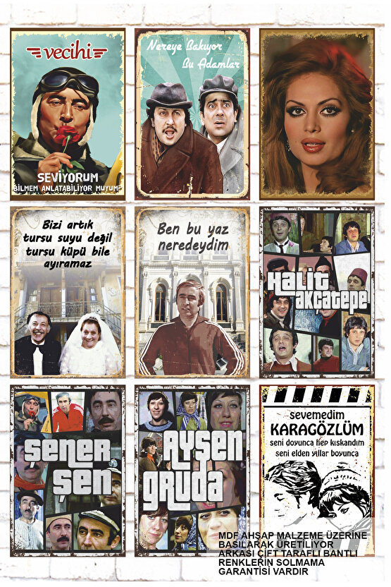9 Parça Karışık Yazılı Ahşap Tablo Seti türk sineması yeşilçamın unutulmaz oyuncuları filmleri