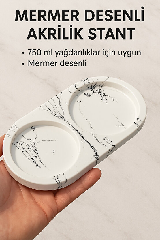 Mermer Desenli Akrilik Standlı 2li Yağ Şişesi 750 ml Zeytinyağ Sıvıyağ Şişesi Şeffaf Cam Yağdanlık