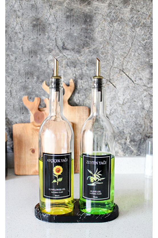 Mermer Desenli Stantlı Gold Kapaklı 2li Yağ Şişesi 750 ml  Zeytinyağ Sıvıyağ Şişesi Cam Yağdanlık