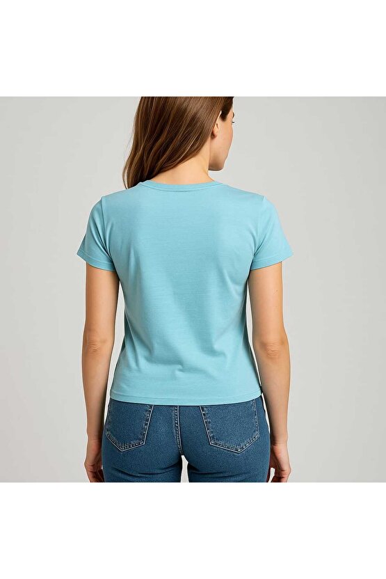 Kadın Bisiklet Yaka Likralı Kısa Kol T-Shirt Turuncu (portakal) Cam Göbeği (turkuaz)