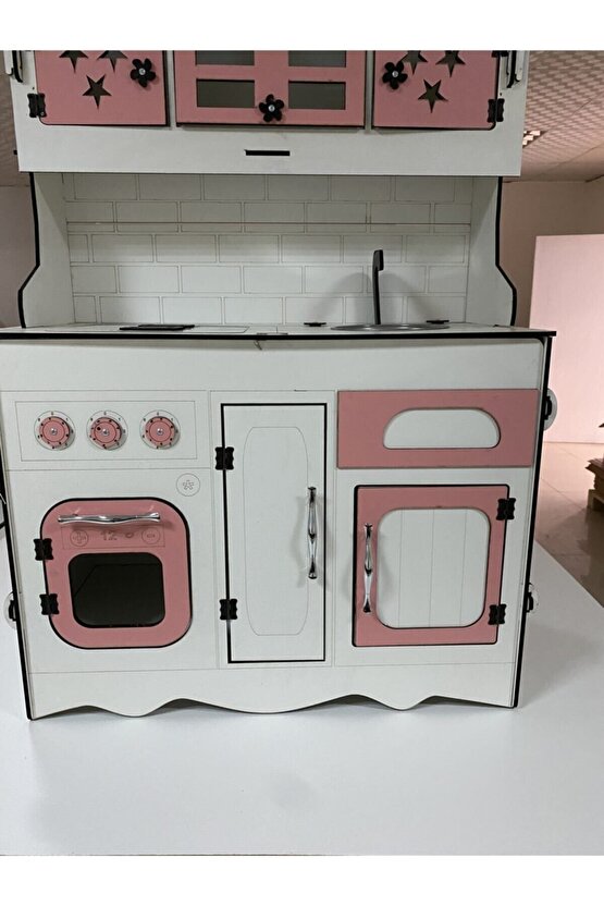 Ahşap Oyuncak Mutfak, Oyuncak Mutfak, Özel Tasarım Büyük Boy Ahşap Oyuncak Mutfak Pembe-beyaz