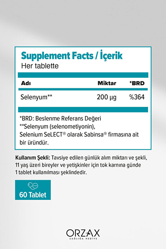 Selenyum 200 mcg 60 Tablet