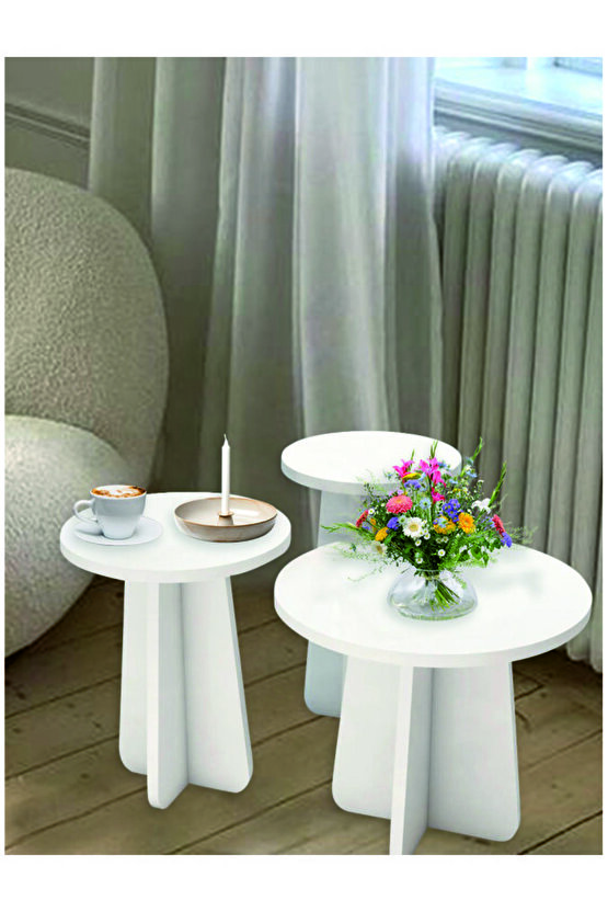 Mantar 3 Lü Zigon Sehpa Iskandinav Stili  BEYAZ