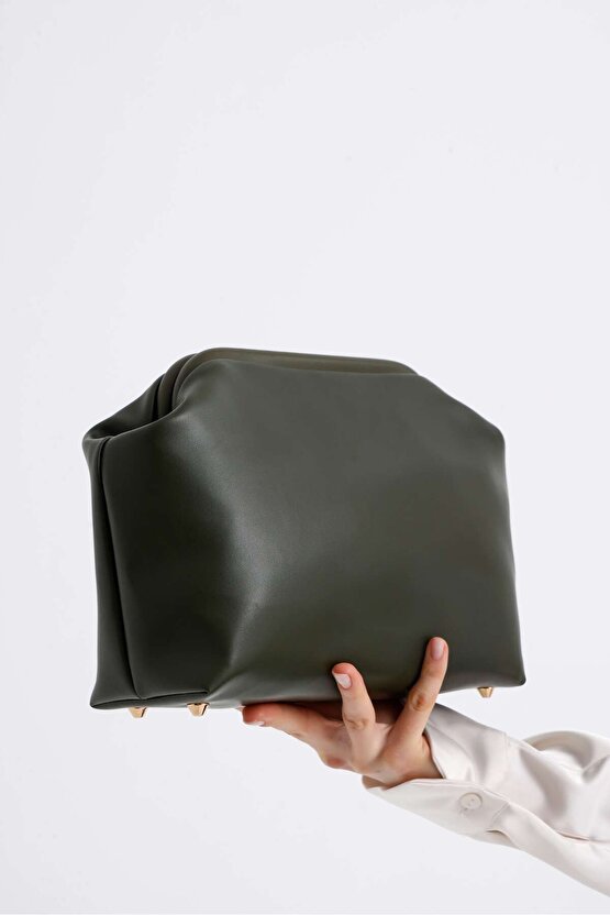 Heybes Kadın Haki Yeşil Vegan Deri Clutch El Çantası