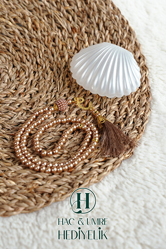 Tesbih Hediyelik | Özel Gün Davet Hediyesi | Deniz Kabuğu Kutulu 99lu İnci Tesbih Vav Süslü Püsküllü