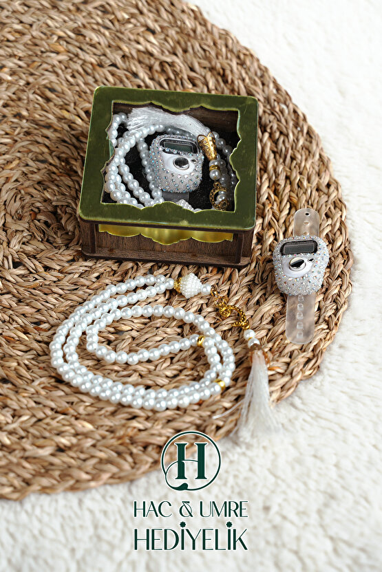 Hediyelik Tesbih Seti | Ahşap Kutulu Elektronik Tesbih ve 99lu İnci Tespih | Özel Gün Hediyesi