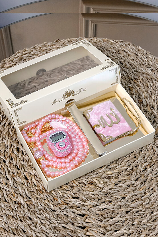 10 Adet - Taşlı Zikirmatik Tesbihmatik Kadife Kaplı Mini Kuran 99lu İnci Tesbih Seti