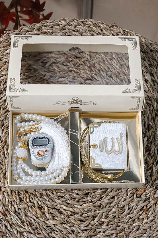 10 Adet - Taşlı Zikirmatik Tesbihmatik Kadife Kaplı Mini Kuran 99lu İnci Tesbih Seti