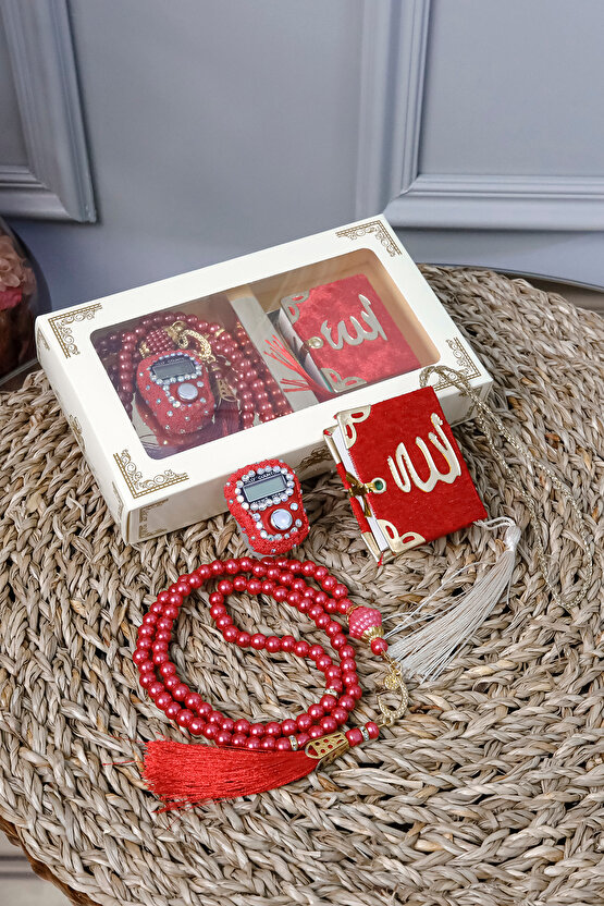 10 Adet Taşlı Zikirmatik Tesbihmatik Kadife Kaplı Mini Kuran 99lu İnci Tesbih Seti