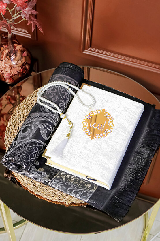 Hediyelik Kuran Seti Rahleli Ahşap Kuran Standı Kadife Kuran İnci Tesbih Seccade Seti