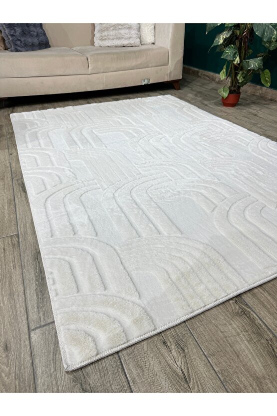 Modern Yumuşak Dokulu Tüy Dökmez Yıkanabilir Tavşan Tüyü Peluş Halı Krem