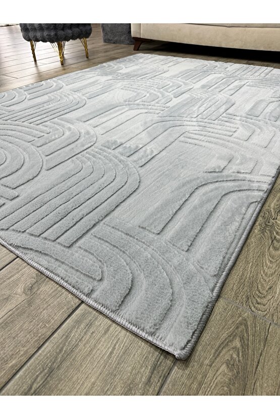 Modern Yumuşak Dokulu Tüy Dökmez Yıkanabilir Tavşan Tüyü Peluş Halı Gri