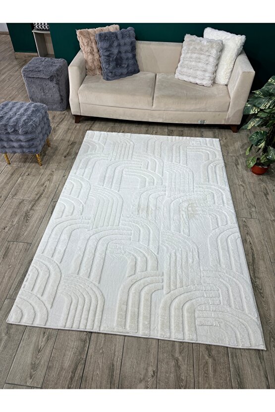 Modern Yumuşak Dokulu Tüy Dökmez Yıkanabilir Tavşan Tüyü Peluş Halı Krem