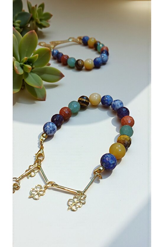 Doğal Taş 7 Çakra Bilekliği Faset Kesim 8mm Koruma Bilekliği