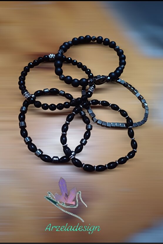 Doğal Taş Hematit ve Boncuk Tasarim Bilekli 5 Adet
