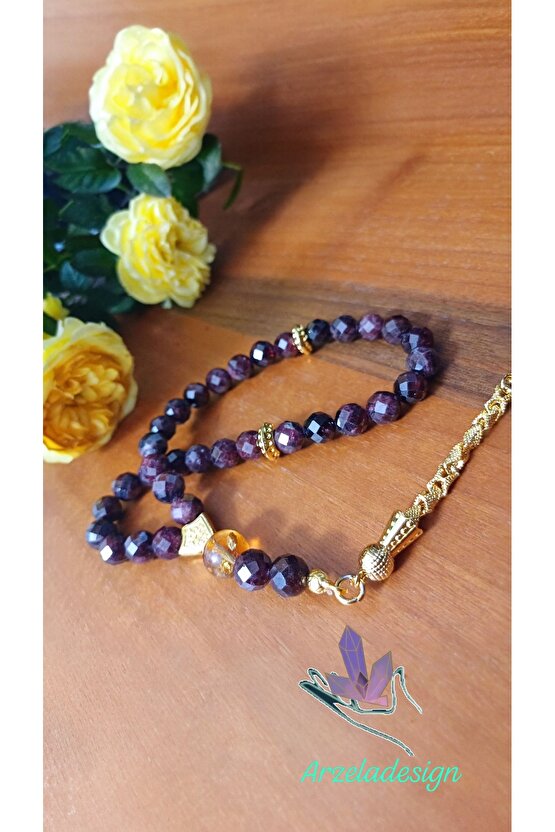 Doğal Taş Lal Garnet Tesbih Altın Kaplama 33 Lü Erkek Tesbih