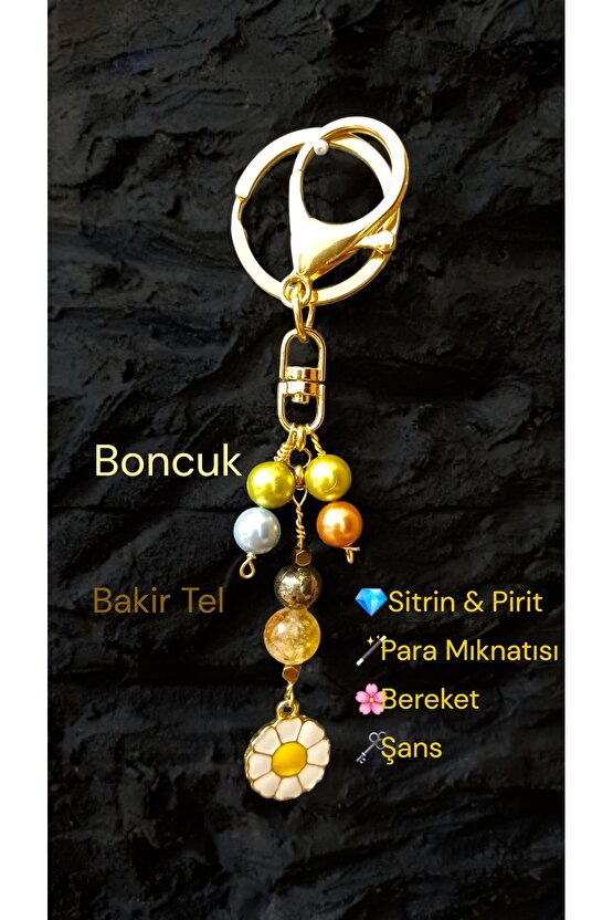 Doğal Taş Anahtarlik Bolluk Berekt ve Koruma Anahtarlığı Sitrin Pirit ve İnci