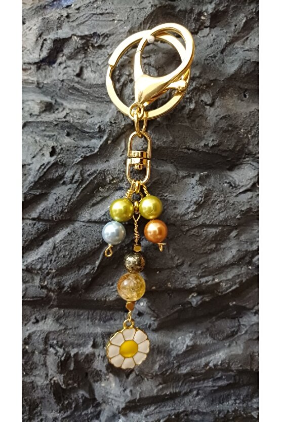 Doğal Taş Anahtarlik Bolluk Berekt ve Koruma Anahtarlığı Sitrin Pirit ve İnci