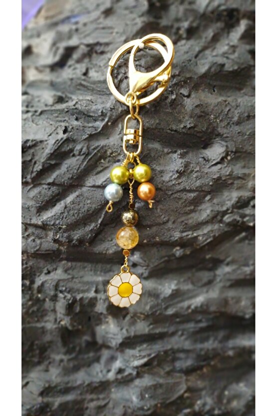 Doğal Taş Anahtarlik Bolluk Berekt ve Koruma Anahtarlığı Sitrin Pirit ve İnci