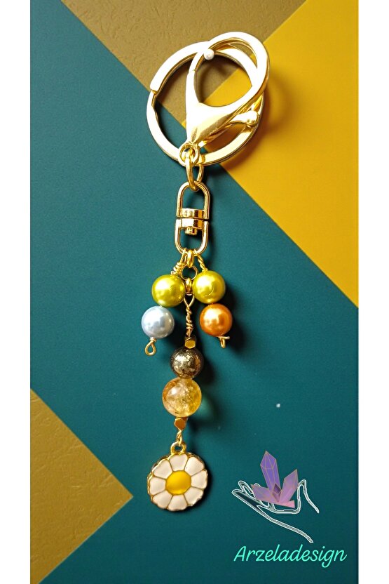 Doğal Taş Anahtarlik Bolluk Berekt ve Koruma Anahtarlığı Sitrin Pirit ve İnci