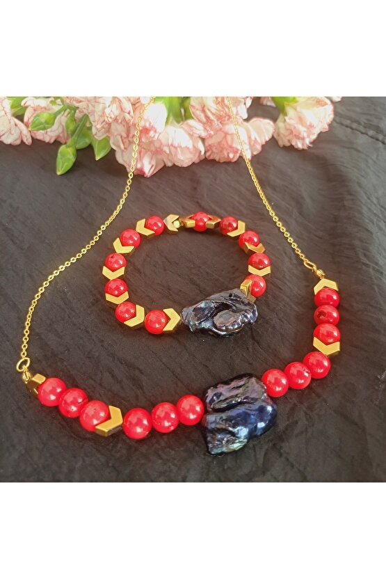 Doğal Taş MERCAN BAROK İNCİ  KOLYE VE BILEKLIK SET ÇELİK