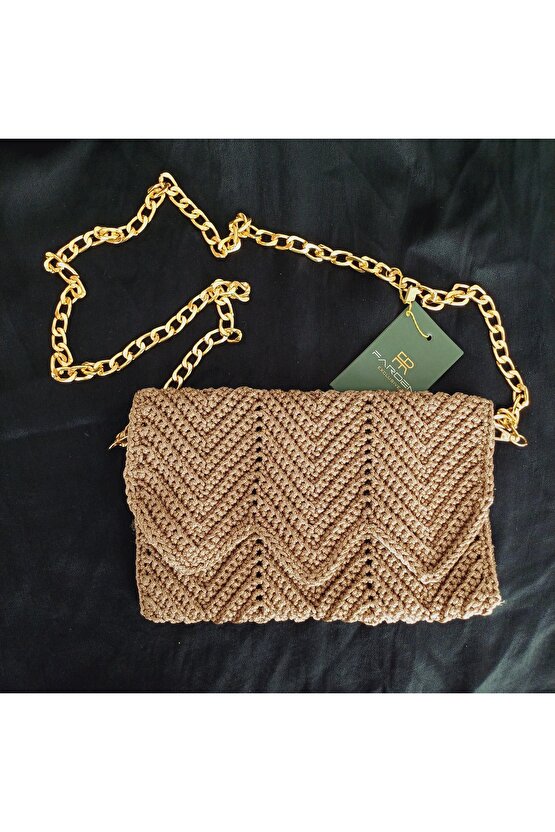 Örgü Canta Gold Zincir Yaldizli Makrome İp 25×12 cm