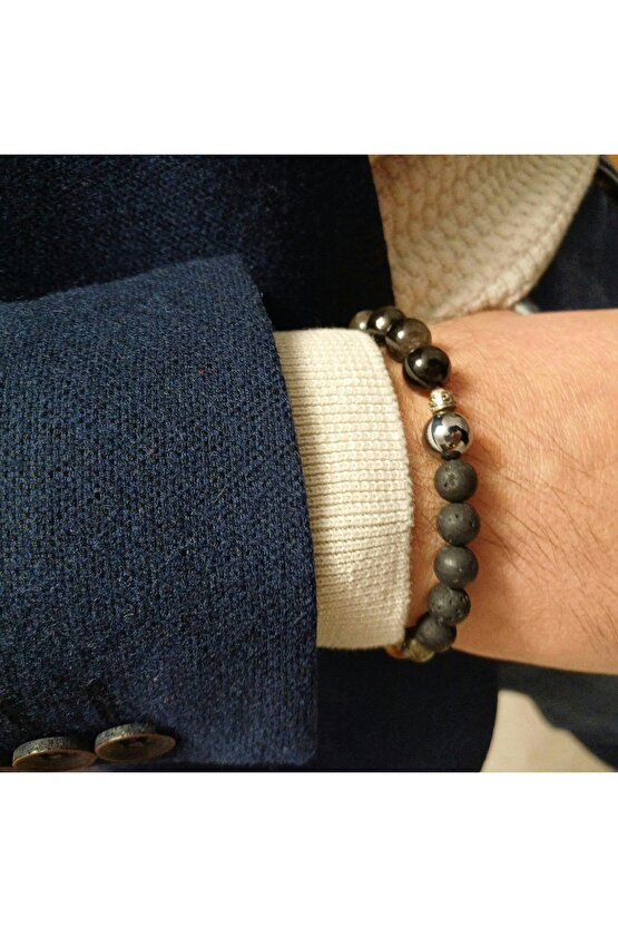 Dogaltas Obsidyen Erkek Koruma Bileklik Obsidyen Lav Tasi Pirit  Sitrin