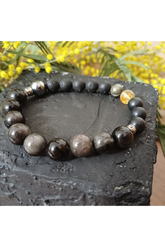 Dogaltas Obsidyen Erkek Koruma Bileklik Obsidyen Lav Tasi Pirit  Sitrin