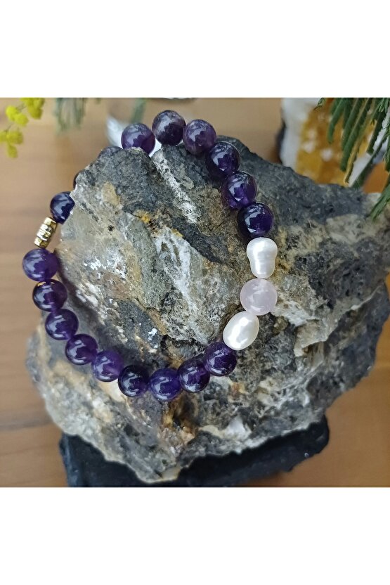 Doğal Taş Ametist Bileklik Pozitif Enerji ve Koruma Bilekligi 8mm