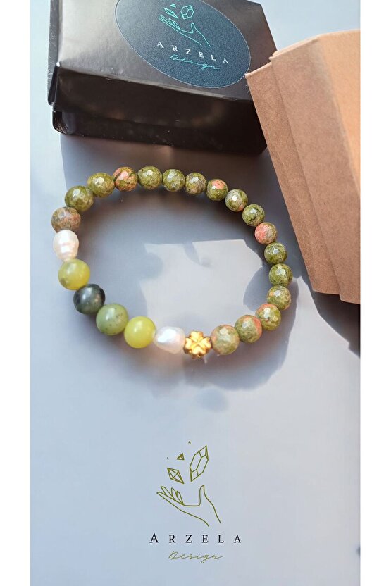 Doğal Unakit Yeşim Ve Incı Ile Huzur Bilekliği(DİSİL ENERJİ) 8mm