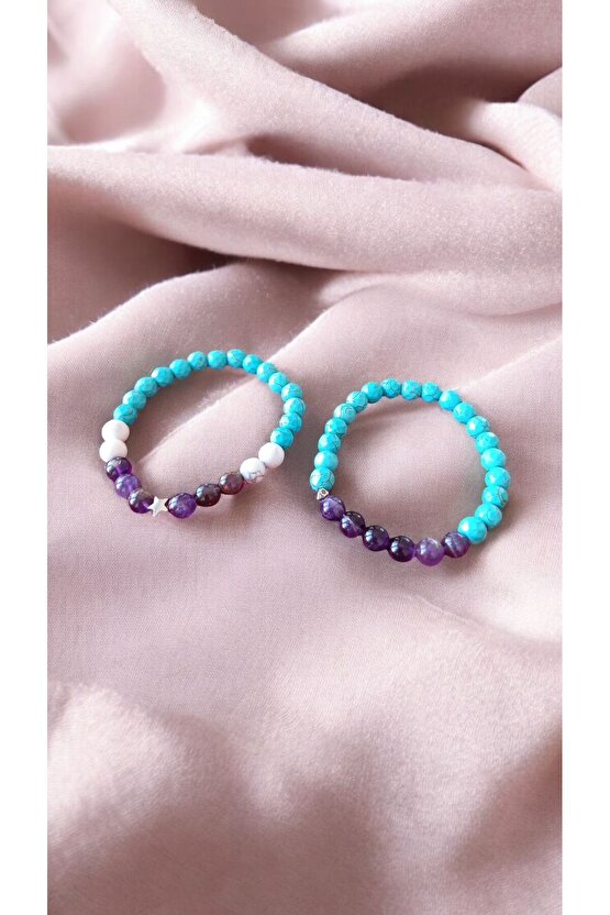 Doğal Taş Turkuaz Ametist Bileklik 2 Li Koruma Ve Sakinlik Bilekliği 8mm