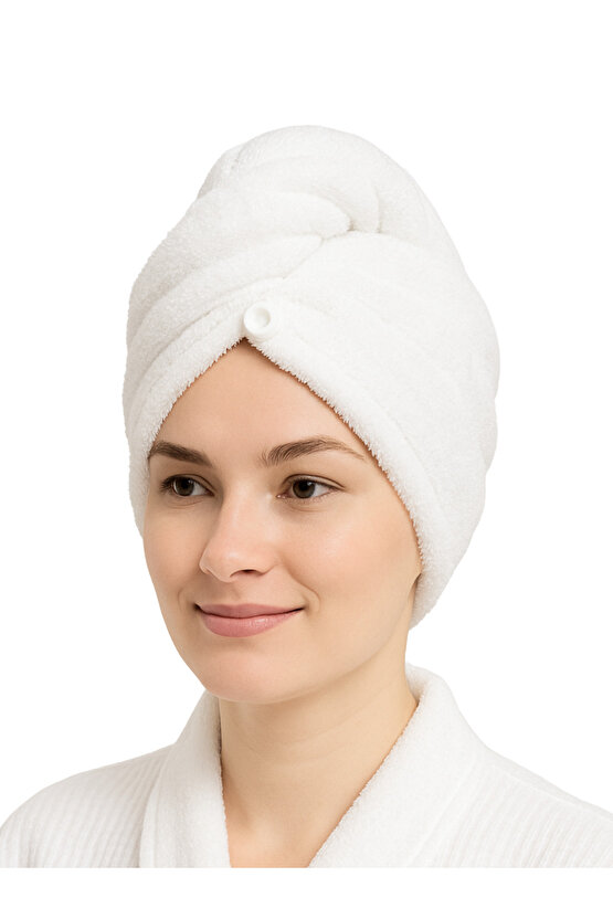 Saç Havlusu Peluş Kumaş Hızlı Kuruma Düğmeli Asılabilir Hafif Banyo Bonesi Yıkanabilir Beyaz 40x50cm