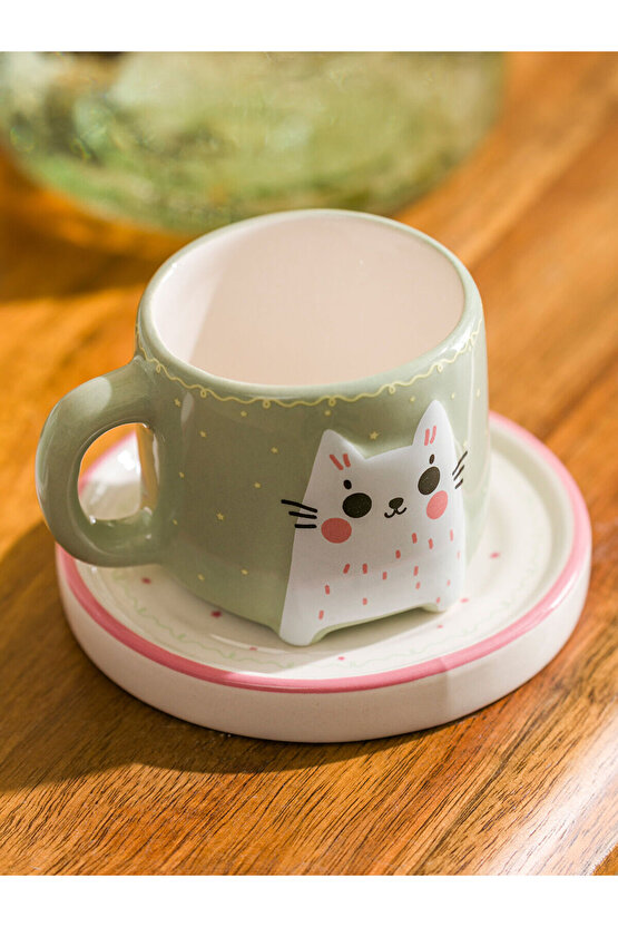 Vizyon Yeni Sezon Kedi Baskılı 2 Kişilik Seramik Kahve Fincan Takımı 90 ml