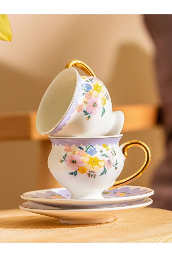 Desenli Porselen Kahve Fincan Takımı 2li 90 Ml