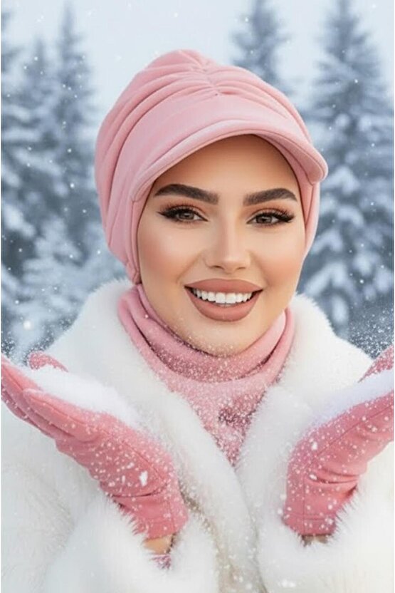 Pudra Kışlık Büzgülü Tesettür Şapka Ve Etol Takım