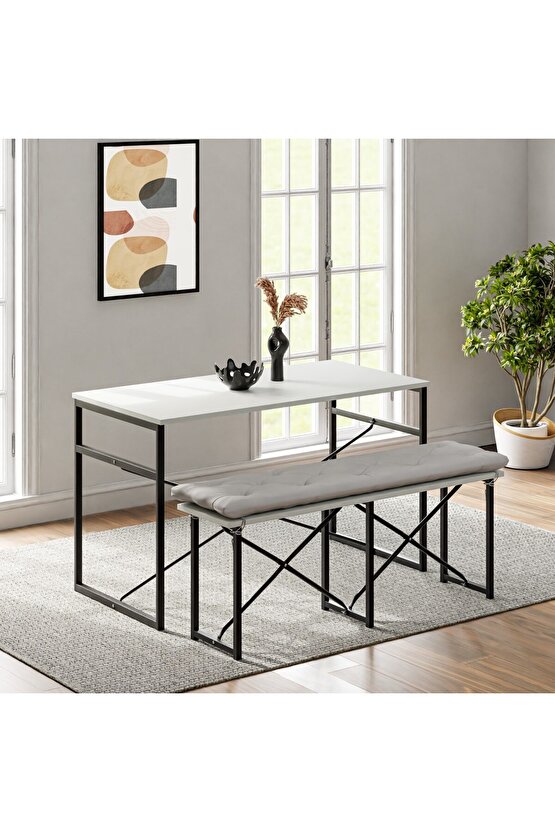 Masa Takımı Bench Bank Minderli Masa Seti 120x60 Mutfak ve Yemek Masası Beyaz 1563