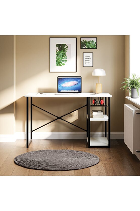 Çalışma Masası Telli Raflı Ofis Laptop Bilgisayar Masası Beyaz 1344