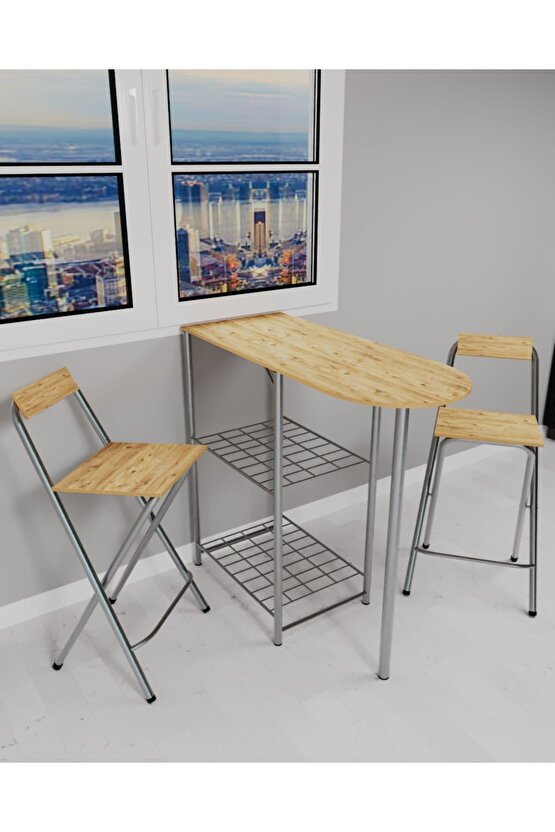 Mutfak Bar Masa Sandalye Takımı Katlanır Bar Sandalye 2 Kişilik Mutfak Masası Çam 1339