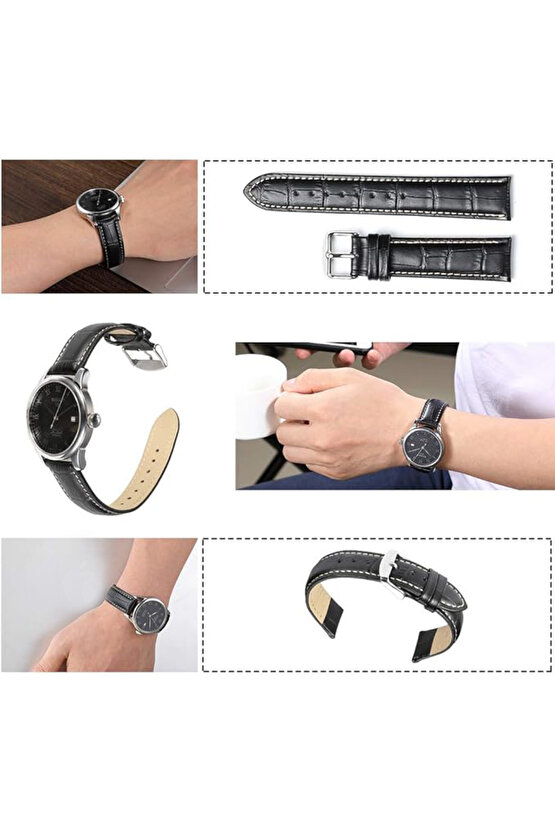 22 Milim Hakiki Dana Derisi beyaz Dikişli Siyah Saat Kayışı