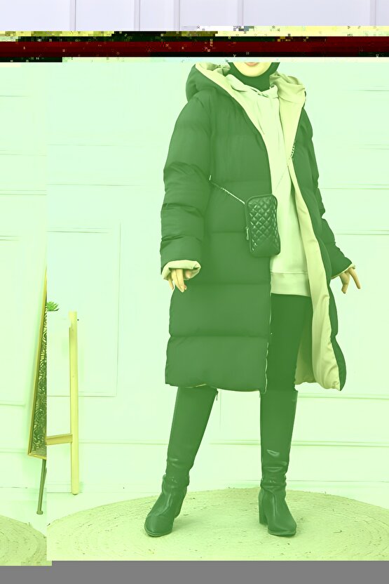 Çift Taraflı Giyilebilir Kapüşonlu Uzun Kadın Şişme Mont – SiyahBej – Su Geçirmez Kışlık Kaban