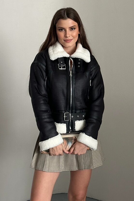Kadın İçi Kürk Detaylı Kemerli Deri Mont - Kışlık Biker Peluş Astarlı Deri Ceket
