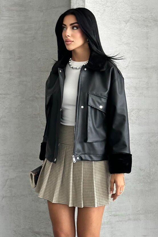 Kadın Suni Deri İçi Kürklü Oversize Bomber Ceket – Kışlık Peluş Detaylı Deri Mont