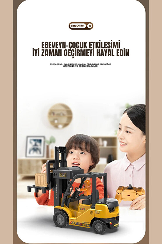 Oyuncak 12 Kanallı 2.4 Ghz Uzaktan Kumandalı Şarjlı Buhar Atan Forklift İş Makinası Koliler Dahil